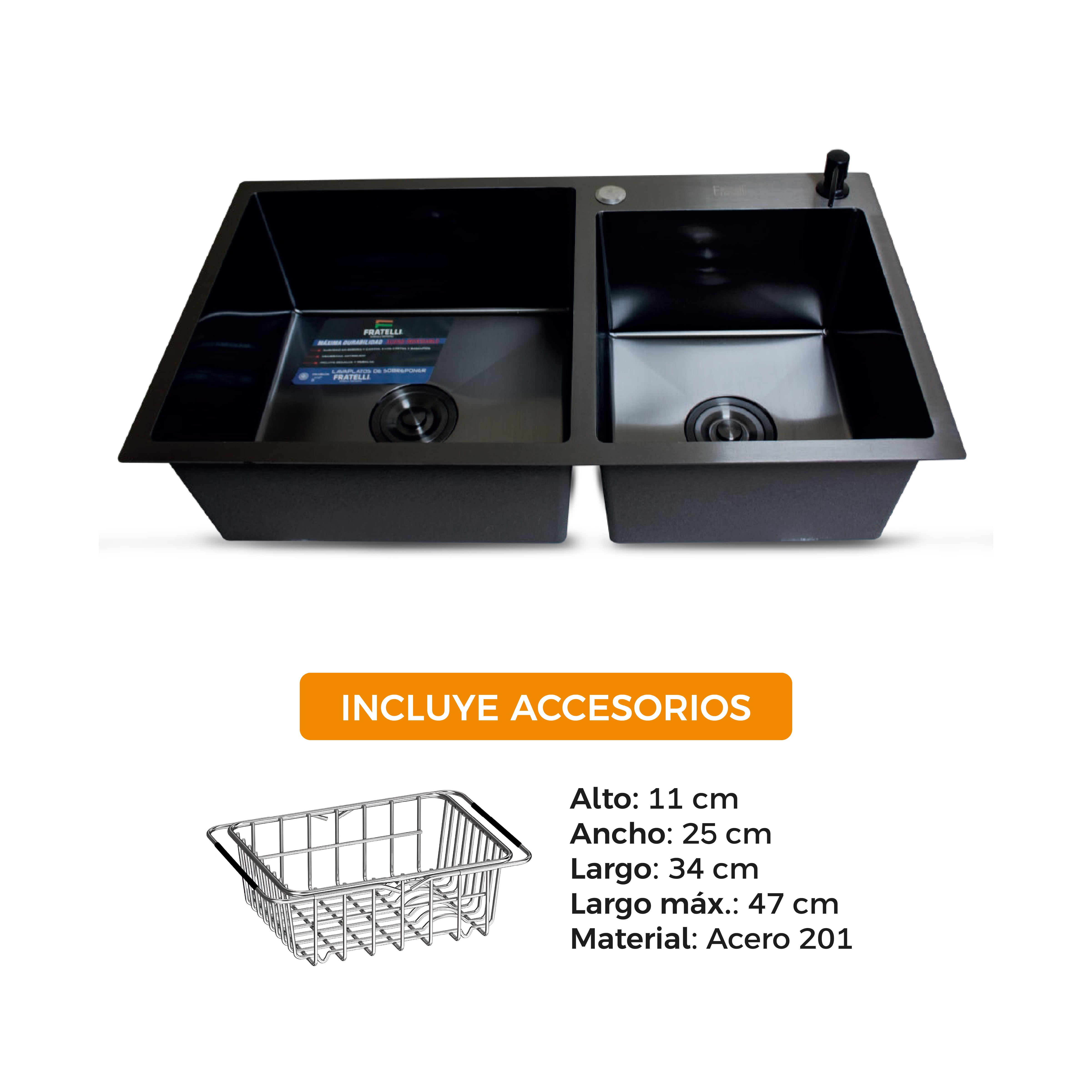 Lavadero P/ Marmol Doble Poza 82X45X23Cm Nano Black Infinity Premium - Fratelli